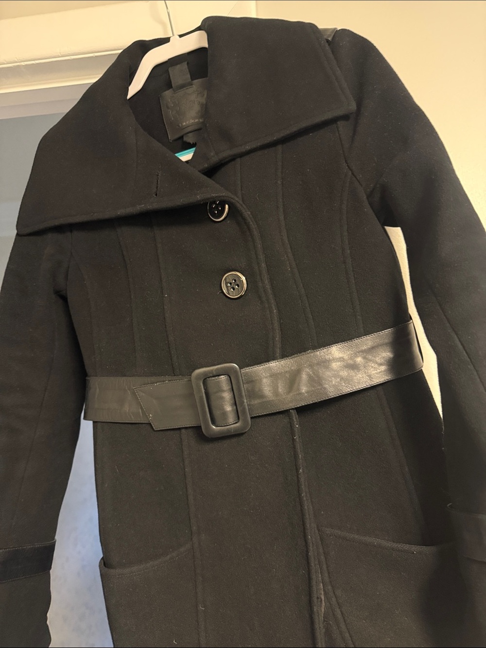 Mackage Black Wool-Blend Belted Trench Coat